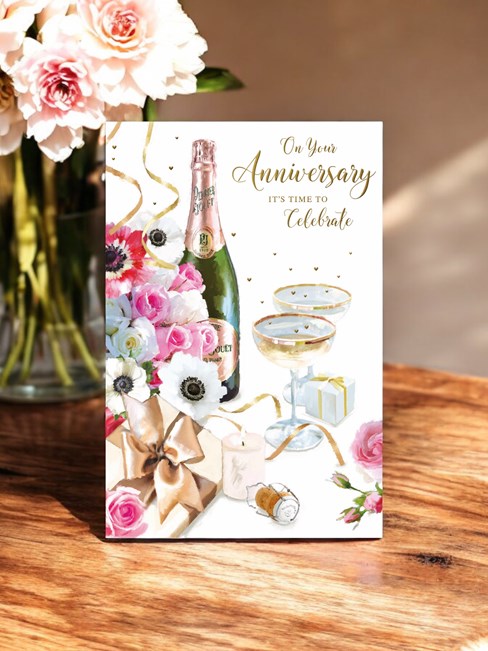 Wedding Anniversary Card - Pink White Flowers and Champagne with Gold Foil 9x6" Wedding Anniversary Card - Pink White Flowers and Champagne with Gold Foil 9x6"