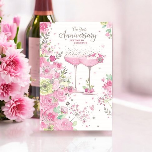 Open Wedding Anniversary Card - Pink Flowers Birds & Champagne Glasses Foil 9x6" Open Wedding Anniversary Card - Pink Flowers Birds & Champagne Glasses Foil 9x6"