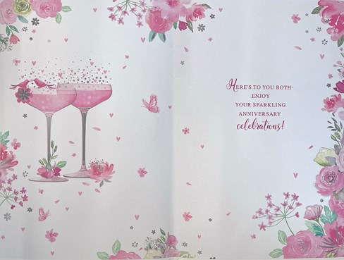 Open Wedding Anniversary Card - Pink Flowers Birds & Champagne Glasses Foil 9x6" Open Wedding Anniversary Card - Pink Flowers Birds & Champagne Glasses Foil 9x6"