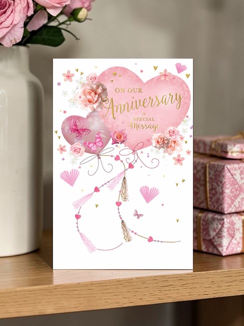 Our Anniversary Card - Pink Hearts Flowers and Butterflies Gold Foil 9x6" Our Anniversary Card - Pink Hearts Flowers and Butterflies Gold Foil 9x6"