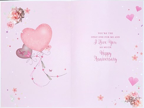Our Anniversary Card - Pink Hearts Flowers and Butterflies Gold Foil 9x6" Our Anniversary Card - Pink Hearts Flowers and Butterflies Gold Foil 9x6"