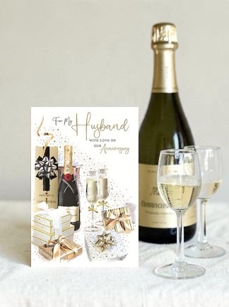 Husband Wedding Anniversary Card - Champagne and Gifts with Gold Foil 9x6" Husband Wedding Anniversary Card - Champagne and Gifts with Gold Foil 9x6"