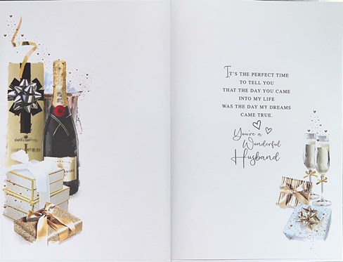Husband Wedding Anniversary Card - Champagne and Gifts with Gold Foil 9x6" Husband Wedding Anniversary Card - Champagne and Gifts with Gold Foil 9x6"