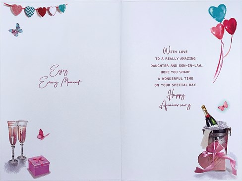 Daughter & Son-in-Law Anniversary Card - Champagne Cake Balloons Silver Foil 9x6 Daughter & Son-in-Law Anniversary Card - Champagne Cake Balloons Silver Foil 9x6