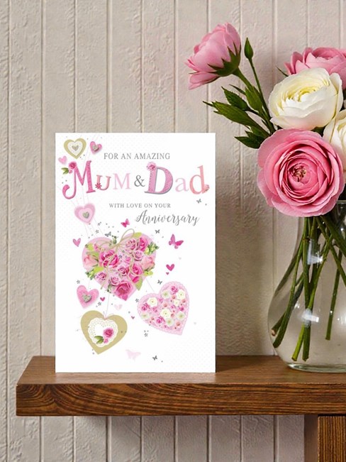 Mum & Dad Wedding Anniversary Card - Pink Hearts Flowers Butterflies & Foil 9x6" Mum & Dad Wedding Anniversary Card - Pink Hearts Flowers Butterflies & Foil 9x6"