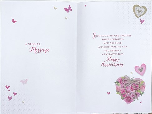 Mum & Dad Wedding Anniversary Card - Pink Hearts Flowers Butterflies & Foil 9x6" Mum & Dad Wedding Anniversary Card - Pink Hearts Flowers Butterflies & Foil 9x6"