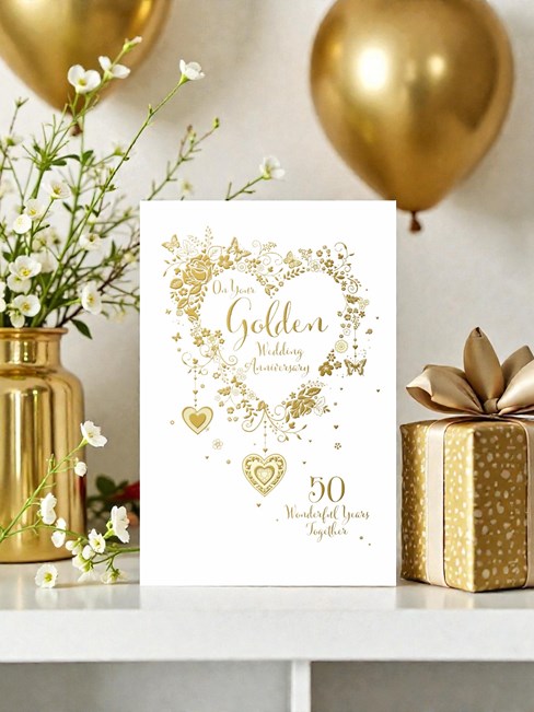 Golden 50th Wedding Anniversary Card - Gold Foiled Flower Butterfly Heart 9x6" Golden 50th Wedding Anniversary Card - Gold Foiled Flower Butterfly Heart 9x6"