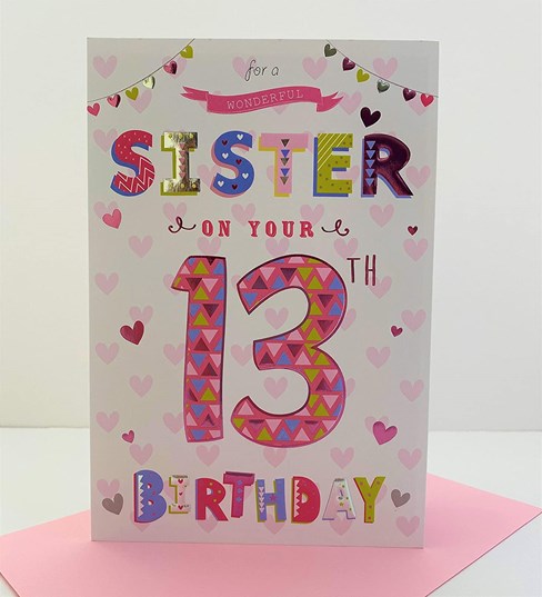 Sister 13th Birthday Card Pastel Writing with Pink and Silver Foil Hearts 9x6" Sister 13th Birthday Card Pastel Writing with Pink and Silver Foil Hearts 9x6"