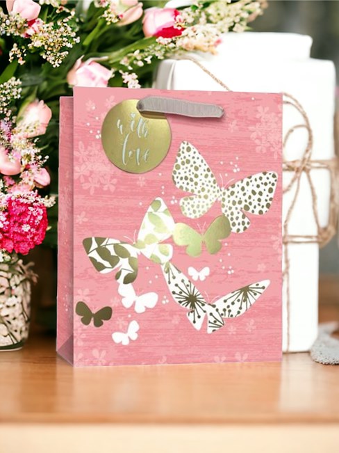 Medium Floral Gift Bag - Pink with White and Gold Butterflies Foil Finish 10x8" Medium Floral Gift Bag - Pink with White and Gold Butterflies Foil Finish 10x8"
