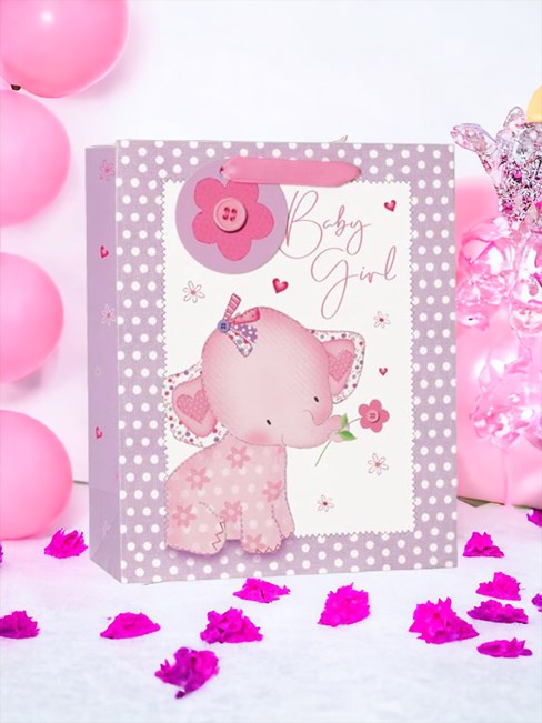 Large Birth of Baby Girl Gift Bag Pink and Lilac with Elephant 13x10.25" Large Birth of Baby Girl Gift Bag Pink and Lilac with Elephant 13x10.25"