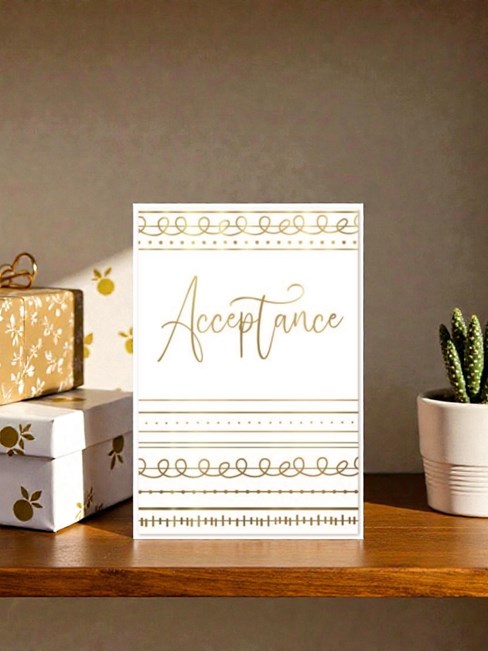 Open Acceptance Card & Envelope - White with Gold Foil Pattern & Text 7.75x5.25" Open Acceptance Card & Envelope - White with Gold Foil Pattern & Text 7.75x5.25"