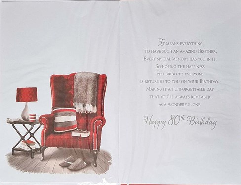 Brother 80th Birthday Card - Red Chair with 3D Silver Foil Number 80 9x6" Brother 80th Birthday Card - Red Chair with 3D Silver Foil Number 80 9x6"