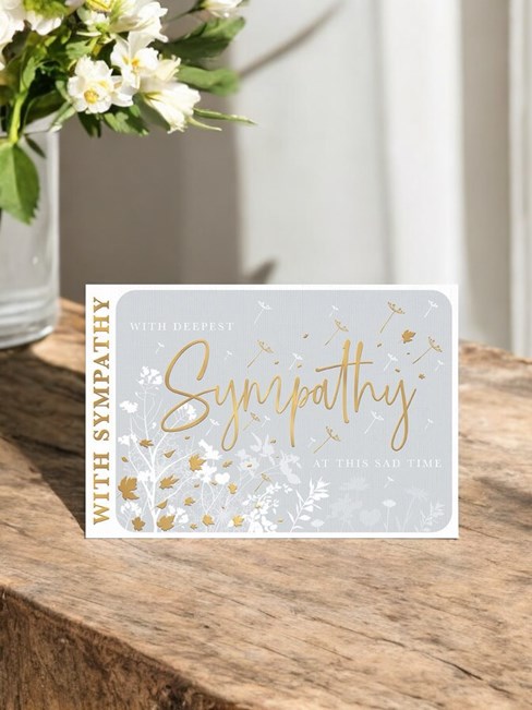 In Sympathy Card - Grey with White Flowers Gold Foil Leaves Writing 7.5x5" In Sympathy Card - Grey with White Flowers Gold Foil Leaves Writing 7.5x5"