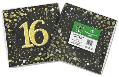 Party Pack for 8 Black & Gold Table Cover Napkin Plates Bunting - 16th Birthday Party Pack for 8 Black & Gold Table Cover Napkin Plates Bunting - 16th Birthday