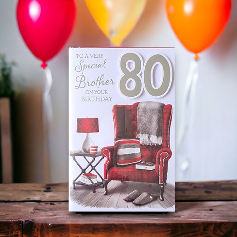 Brother 80th Birthday Card - Red Chair with 3D Silver Foil Number 80 9x6" Brother 80th Birthday Card - Red Chair with 3D Silver Foil Number 80 9x6"