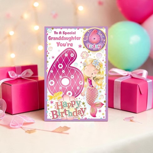 Granddaughter 6th Birthday Card & Badge 6 Today - Mermaid Pink & Foil 9x6" Granddaughter 6th Birthday Card & Badge 6 Today - Mermaid Pink & Foil 9x6"