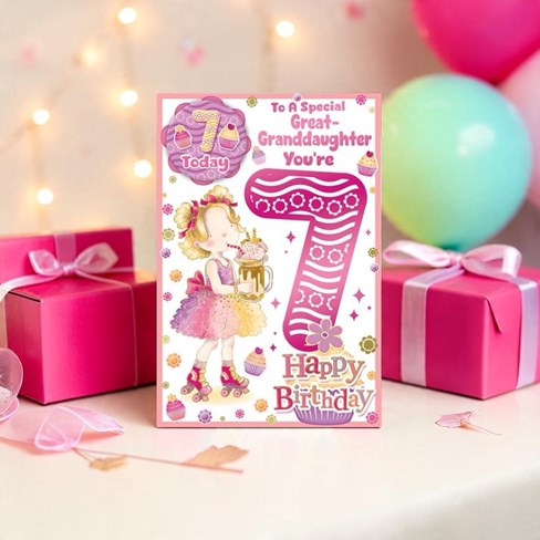 Great Granddaughter 7th Birthday Card & Badge - Girl with Ice Cream Float 9x6" Great Granddaughter 7th Birthday Card & Badge - Girl with Ice Cream Float 9x6"