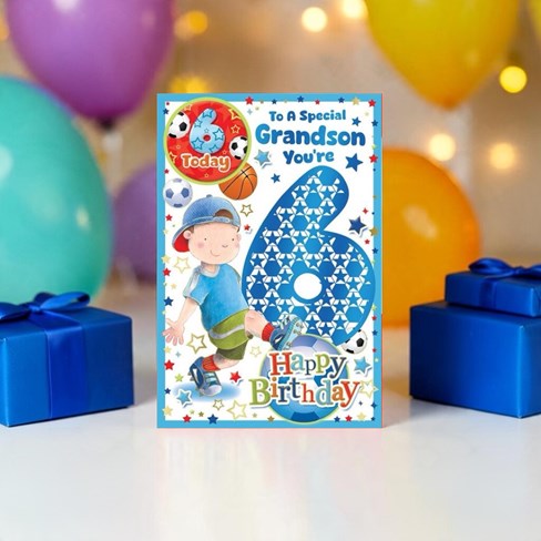 Grandson 6th Birthday Card & Badge - 6 Today Boy with Football & Blue Foil 9x6"