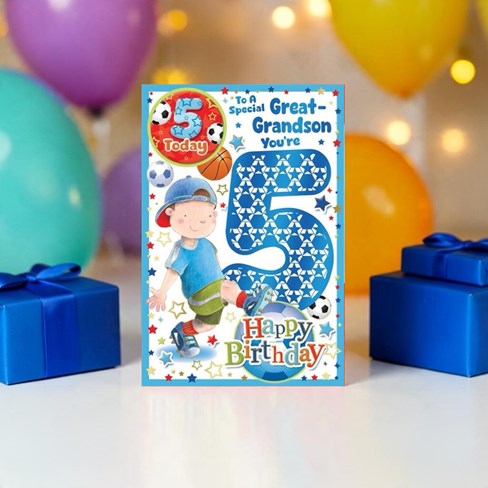Great-Grandson 5th Birthday Card & Badge - Boy with Football & Blue Foil 9x6"