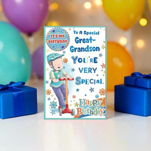 Great Grandson Birthday Card & Badge - Boy on Scooter with Blue Foil 9x6" Great Grandson Birthday Card & Badge - Boy on Scooter with Blue Foil 9x6"