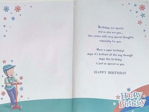 Great Grandson 7th Birthday Card & Badge - Boy on Scooter with Blue Foil 9x6" Great Grandson 7th Birthday Card & Badge - Boy on Scooter with Blue Foil 9x6"
