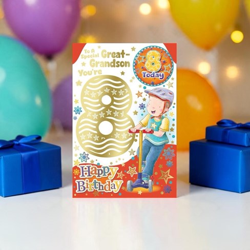 Great Grandson 8th Birthday Card & Badge - Boy on Scooter with Gold Foil 9x6" Great Grandson 8th Birthday Card & Badge - Boy on Scooter with Gold Foil 9x6"