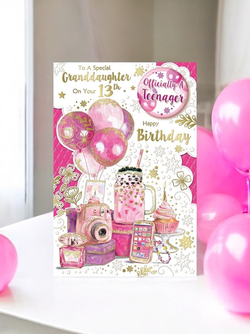 Granddaughter 13th Birthday Card & Badge - Age 13 Pink Balloons Milkshake 9x6" Granddaughter 13th Birthday Card & Badge - Age 13 Pink Balloons Milkshake 9x6"