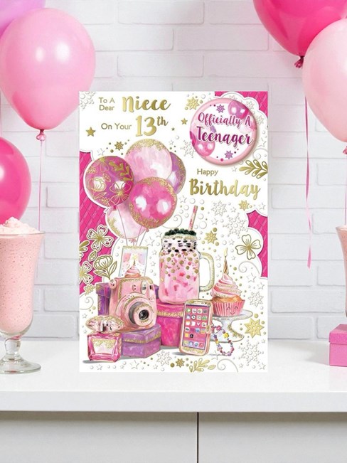 Niece 13th Birthday Card & Badge - Age 13 Pink Balloons Milkshake 9x6" Niece 13th Birthday Card & Badge - Age 13 Pink Balloons Milkshake 9x6"