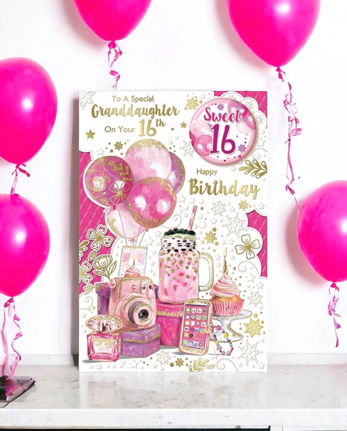 Granddaughter 16th Birthday Card & Badge - Age 16 Pink Balloons Milkshake 9x6" Granddaughter 16th Birthday Card & Badge - Age 16 Pink Balloons Milkshake 9x6"