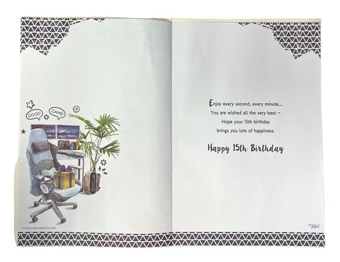 Grandson 15th Birthday Card & Badge - Age 15 Gaming Chair Desk Blue Foil 9x6" Grandson 15th Birthday Card & Badge - Age 15 Gaming Chair Desk Blue Foil 9x6"