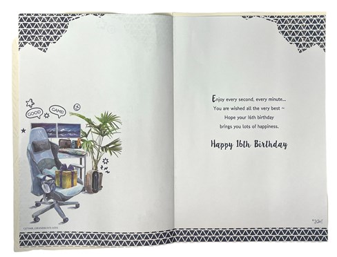 Grandson 16th Birthday Card & Badge - Age 16 Gaming Chair Desk Blue Foil 9x6" Grandson 16th Birthday Card & Badge - Age 16 Gaming Chair Desk Blue Foil 9x6"