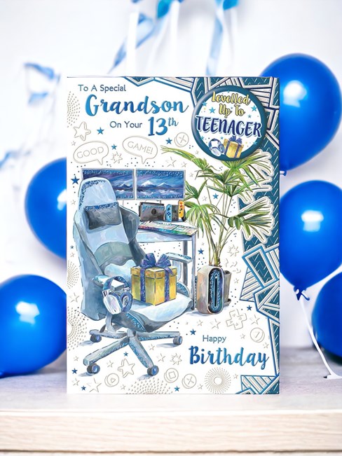 Grandson 13th Birthday Card & Badge Age 13 Teenager Gaming Chair Desk Foil 9x6" Grandson 13th Birthday Card & Badge Age 13 Teenager Gaming Chair Desk Foil 9x6"