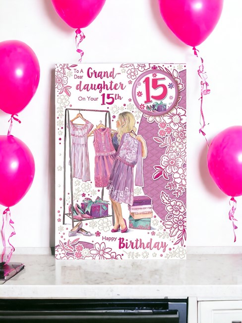 Granddaughter 15th Birthday Card & Badge - Age 15 Girl with Dresses 9x6" Granddaughter 15th Birthday Card & Badge - Age 15 Girl with Dresses 9x6"
