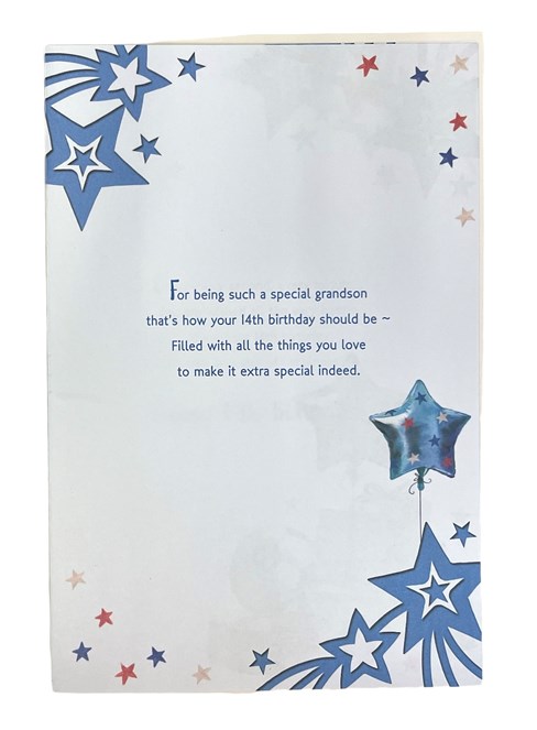 Grandson 14th Birthday Card & Badge - Age 14 Presents Star Balloon Football Foil Grandson 14th Birthday Card & Badge - Age 14 Presents Star Balloon Football Foil