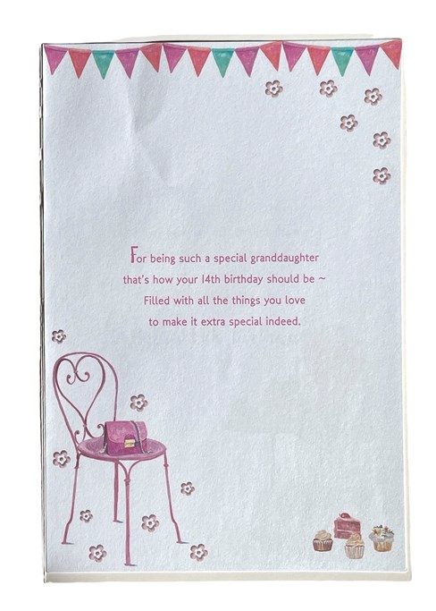 Granddaughter 14th Birthday Card & Badge - Age 14 Table Chair Balloons 9x6"