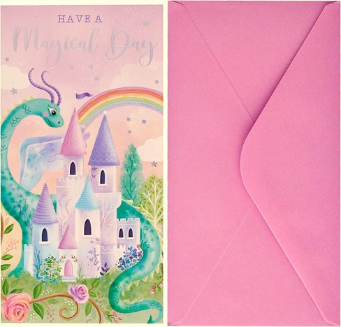 Money Wallet Gift Card & Envelope Pink Fairytale Castle Dragon Silver Foil 7x3.5 Money Wallet Gift Card & Envelope Pink Fairytale Castle Dragon Silver Foil 7x3.5