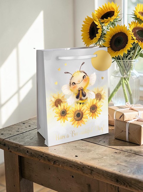 Medium Gift Bag - Bee with Sunflowers and Gold Foil Hearts Writing & Tag 10x8.5" Medium Gift Bag - Bee with Sunflowers and Gold Foil Hearts Writing & Tag 10x8.5"