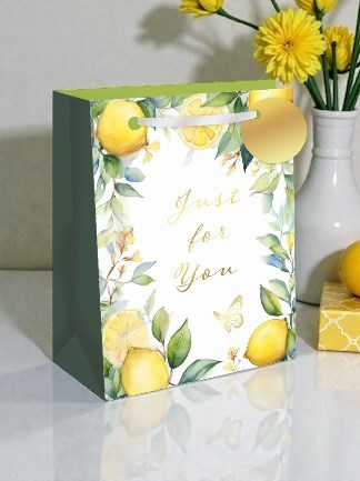 Medium Gift Bag - Just For You Lemons and Butterflies with Gold Foil Tag 10x8.5"
