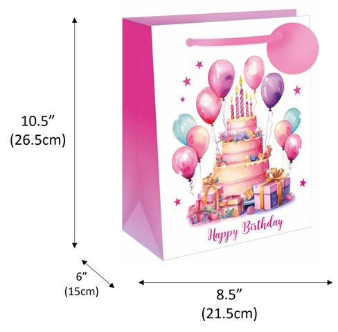 Medium Happy Birthday Gift Bag - Cake with Pink Lilac Balloons Foil Tag 10x8.5" Medium Happy Birthday Gift Bag - Cake with Pink Lilac Balloons Foil Tag 10x8.5"
