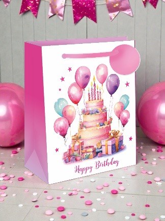Medium Happy Birthday Gift Bag - Cake with Pink Lilac Balloons Foil Tag 10x8.5" Medium Happy Birthday Gift Bag - Cake with Pink Lilac Balloons Foil Tag 10x8.5"