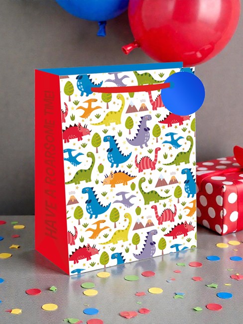 Medium Gift Bag - Dinosaurs Roarsome Time with Blue Tag Ribbon Handle 10x8.5" Medium Gift Bag - Dinosaurs Roarsome Time with Blue Tag Ribbon Handle 10x8.5"