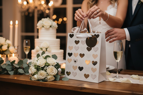 Medium Gift Bag - White with Silver Gold Hearts and Gold Foil Tag 10.5x8.5" Medium Gift Bag - White with Silver Gold Hearts and Gold Foil Tag 10.5x8.5"