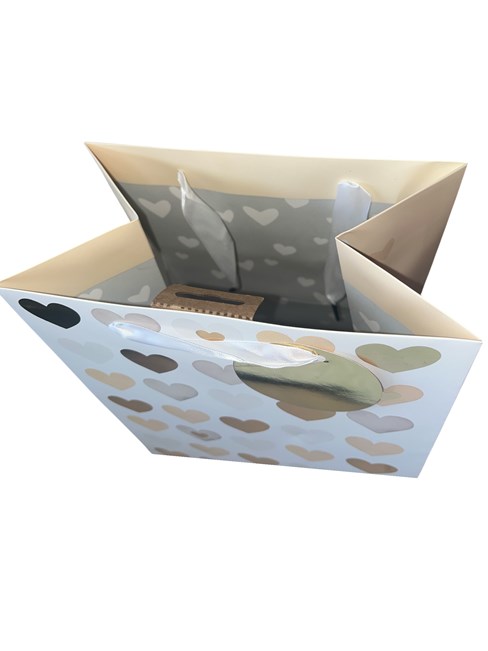 Medium Gift Bag - White with Silver Gold Hearts and Gold Foil Tag 10.5x8.5" Medium Gift Bag - White with Silver Gold Hearts and Gold Foil Tag 10.5x8.5"