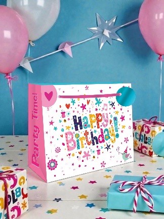 Medium Birthday Gift Bag - Landscape Pink Multicoloured Writing Foil Tag 10x8.5" Medium Birthday Gift Bag - Landscape Pink Multicoloured Writing Foil Tag 10x8.5"