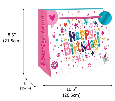 Medium Birthday Gift Bag - Landscape Pink Multicoloured Writing Foil Tag 10x8.5" Medium Birthday Gift Bag - Landscape Pink Multicoloured Writing Foil Tag 10x8.5"