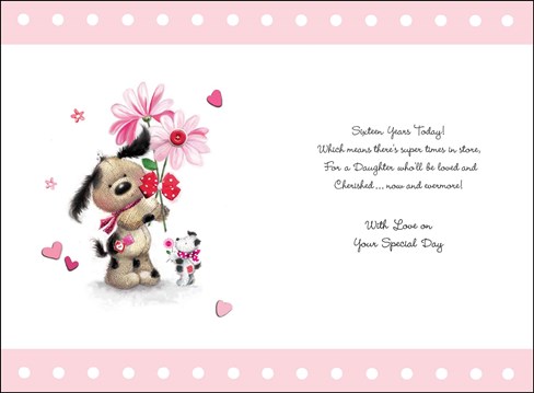 Jonny Javelin Daughter 16th Birthday Card - Dog with Flowers Glitter & Foil 9x6" Jonny Javelin Daughter 16th Birthday Card - Dog with Flowers Glitter & Foil 9x6"