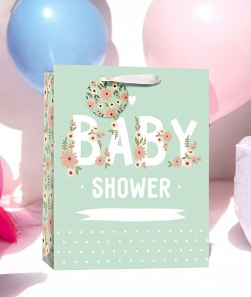 Large Baby Shower Gift Bag - Green with Flowers and White Writing 13x10.25" Large Baby Shower Gift Bag - Green with Flowers and White Writing 13x10.25"