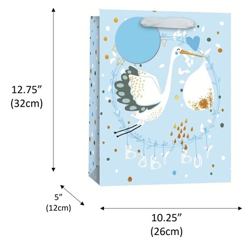 Large Birth Baby Boy Gift Bag Tag - Blue with White Stork and Gold Foil 13x10.25 Large Birth Baby Boy Gift Bag Tag - Blue with White Stork and Gold Foil 13x10.25