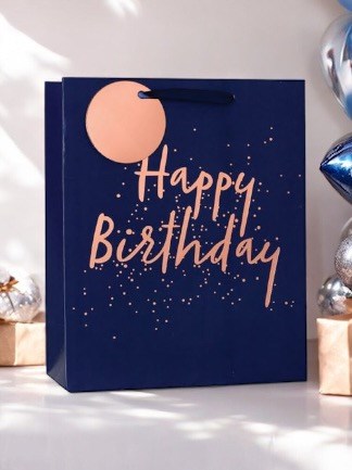 Large Male Gift Bag - Navy Blue with Copper Foil Happy Birthday & Tag 13x10.5" Large Male Gift Bag - Navy Blue with Copper Foil Happy Birthday & Tag 13x10.5"