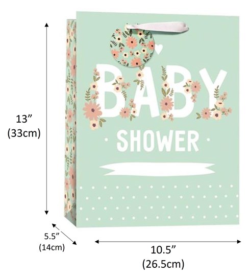 Large Baby Shower Gift Bag - Green with Flowers and White Writing 13x10.25" Large Baby Shower Gift Bag - Green with Flowers and White Writing 13x10.25"